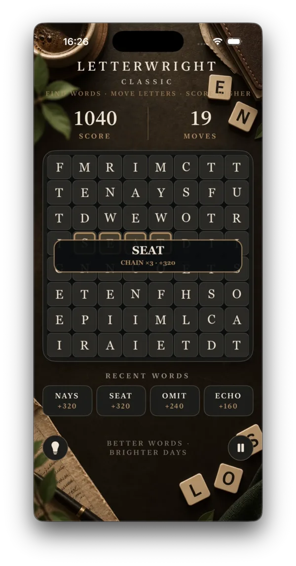 A Letterwright game in progress, with the word SEAT clearing in a chain.